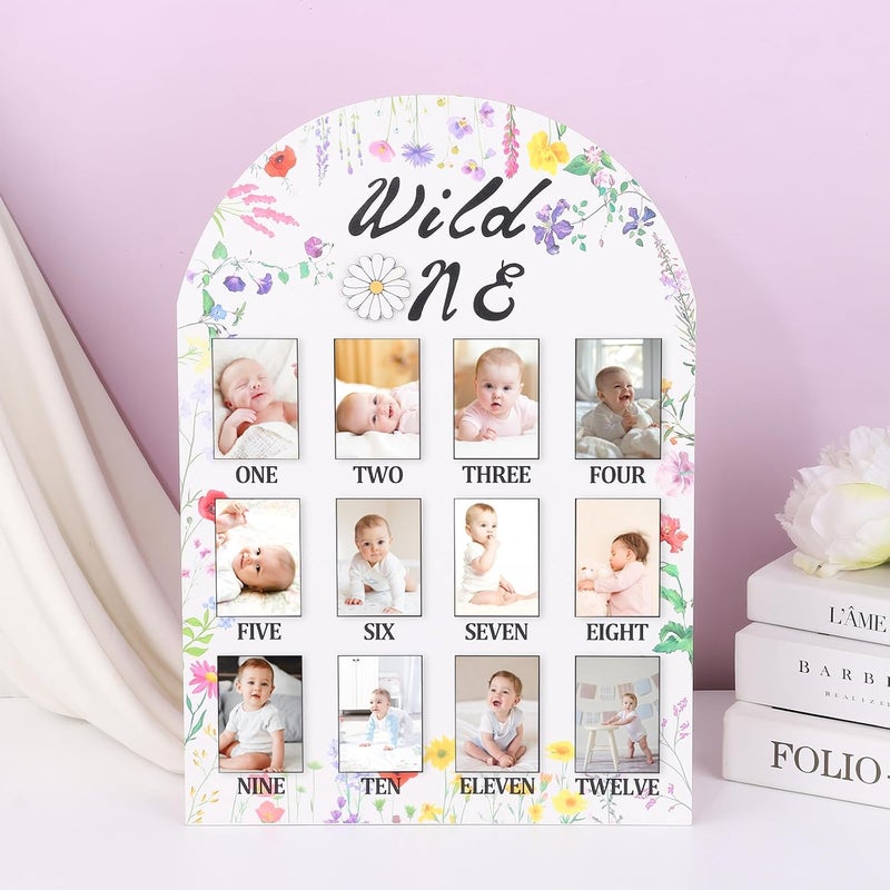 RANERVZ My First Year Photo Display Sign from 1-12 Months Wild One Flower Wooden Picture Frame for 1st Birthday Party Decorations Milestone Monthly Board for Girl One Birthday Nursery Decor Baby Keepsake Gift - Image 4